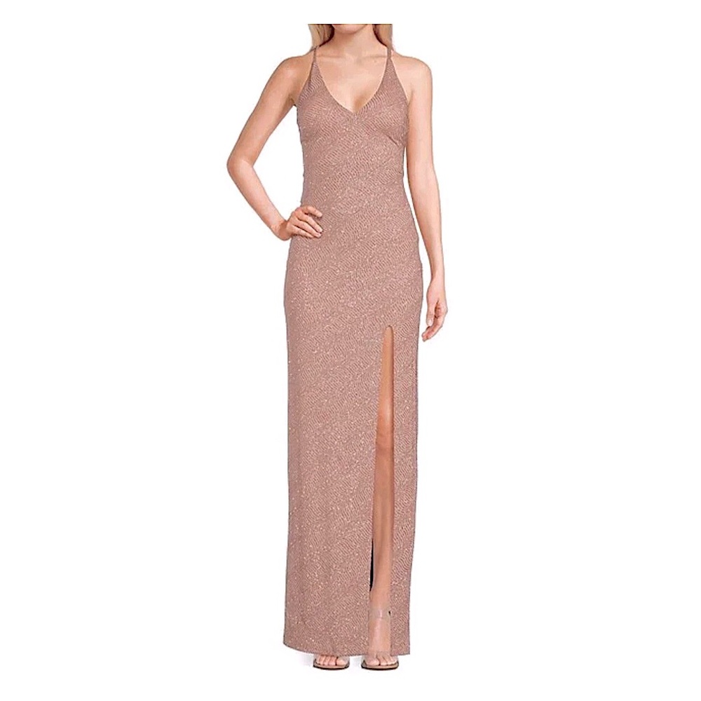 Social Couture Women’s Spaghetti Strap V-Neck Glitter Elegant Evening Gown